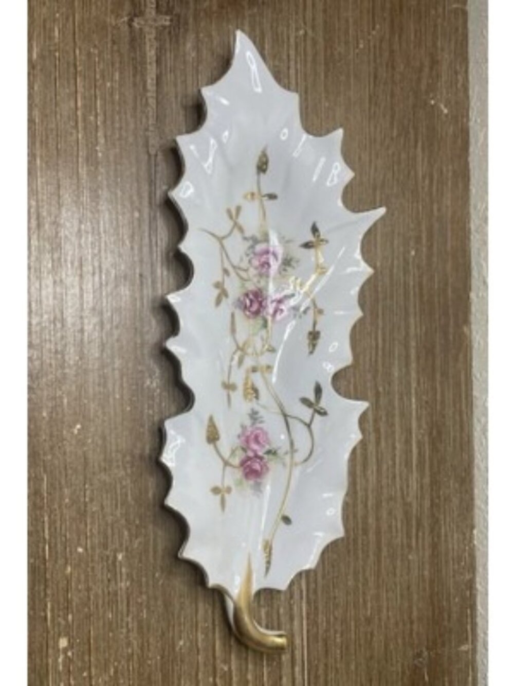 Vintage Porcelain Leaf Trinket Dish Pink Roses Gold Accents Victorian Cottage